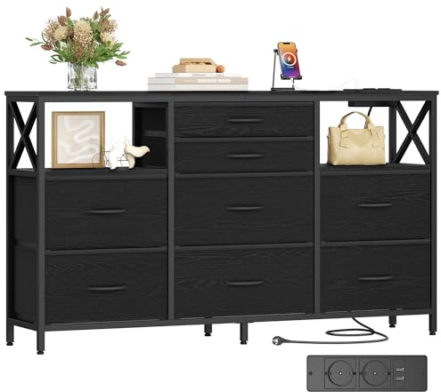 Hzuaneri Kommode 140 cm, Schwarz, 8 Schubladen, 2 USB & 2 AC-Anschlüsse | Kommode mit 8 Schubladen, Vielseitiges Aufbewahrungsmöbel für Wohnzimmer und Schlafzimmer, 30 x 140 x 86 cm, DU03804BEU