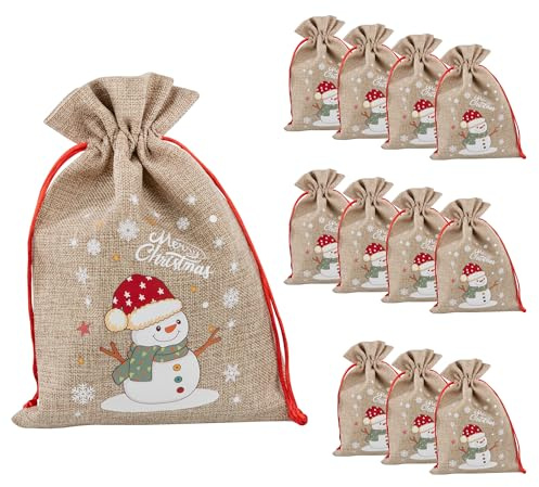Idena 90417 - Stoffbeutel ca. 22 x 32 cm, 12 Stück, Säckchen mit Schneemann-Motiv, Weihnachtssack mit roter Kordel, Geschenkbeutel für Weihnachten