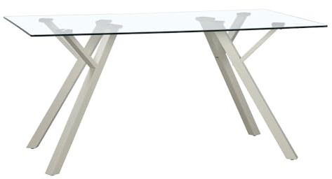 Mesa de comedor rectangular Elsa de metal blanco y cristal de 160x90 cm | Encimera de vidrio templado. Patas de metal pintado con nivelador. Requiere montaje. Perfecta para cocina o comedor.