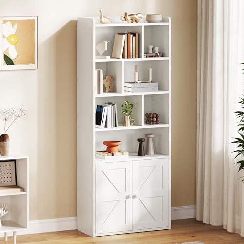 YITAHOME 4-stöckiges Bücherregal mit Türen und Schrank, freistehendes Bücherregal mit offenen Fächern für Zuhause, Büro, Wohnzimmer und Schlafzimmer, Weiß, 60 x 30 x 159 cm