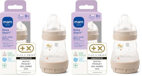 MAM Easy Start Anti-Colic Baby Bottle (160 ml) | 0+ Mon | Babyflasche für Neugeborene | Mit Bodenventil | 94% Akzeptanz | 96% Hebammen-Empfehlung | 80% weniger Koliken | Robbe/beige/cotton