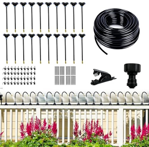 Sistema de riego de jardín de 20 m de riego por goteo, riego automático de jardín con 20 boquillas ajustables, refrigeración por niebla a 360°, juego completo DIY, ahorro de agua para balcón