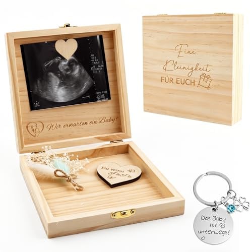 KingYH Schwangerschaft Verkünden mit Holzbox -Du wirst bald Papa | Baby Verkündung Geschenk für Familie Personalisierte Überraschung mit Kleeblatt Schlüsselanhänger(Vater)
