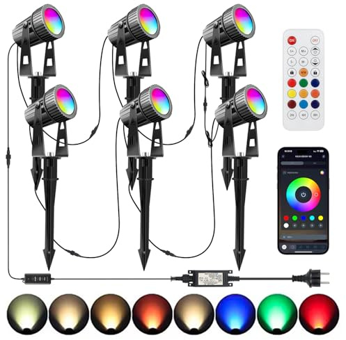 Lam(MS)pen Gartenleuchte LED mit Strom, 24V 20W RGBW Gartenstrahler | 6pcs, RGB+warmweiß, Bluetooth APP, Musik, Timer, mit Erdspieß, Fernbedienung IP65 Wasserdicht für Außen Garten Rasen