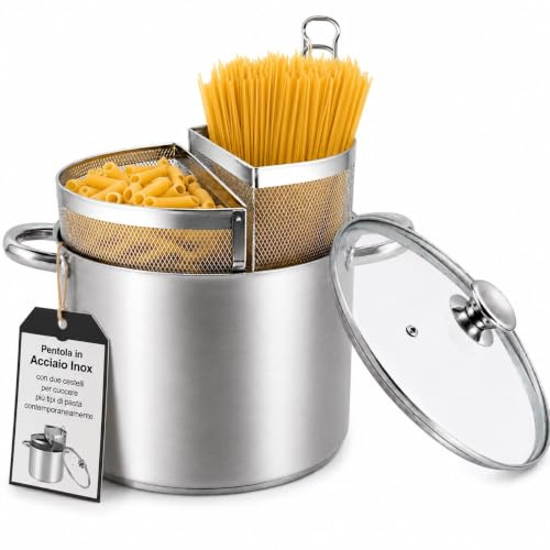 Pentola Spaghettiera Doppio Cestello in Acciaio Inox 18/10 – Triplo Fondo per Induzione e Gas, Cuoci Pasta con Cestelli Separati, Cottura Multipla per Pasta e Verdure (24CM)
