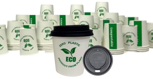 Eco 6oz Paper Cups & PLA Lids Bulk Compostable PLA Lined Coffee Cup Catering Takeaways Hot & Cold Drinks Perfect use for Cafés, Coffee Shops, Events, Catering, Offices (50)