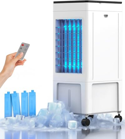 MoraRise Portable Air Conditioner, 3 IN 1 Evaporative Air Cooler Fan with Remote & LED Display, 3 Speeds, 4 Modes, 8L Tank, 4 Ice Packs, 8H Timer for Home Bedroom Office (White, 8L)