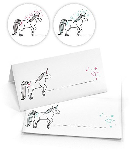 Frau WunderVoll® 12 TISCHKARTEN Einhorn, Aufdruck grau, rosa/Kindergeburstag, Einhorn Party, Deko, Geburtstag Mädchen, Prinzessin, Platzkarten,Tischkarte weiß, Namensschild