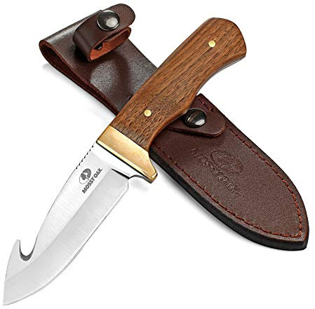 Mossy Oak Fixed Blade Gut Hook Knife, 9.5-inch Full Tang Field Processing Knife - Wooden Handle, Leather Sheath Included, for Skinning, Hunting, Outdoors