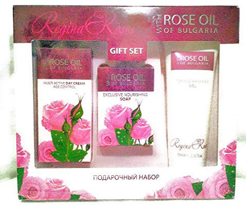 Regina Floris Rosen Kosmetik Geschenkset - Feuchtigkeitscreme 30 ml, Duschgel 75 ml und natürliche Rosenseife 50 gr. in einer Geschenkpackung