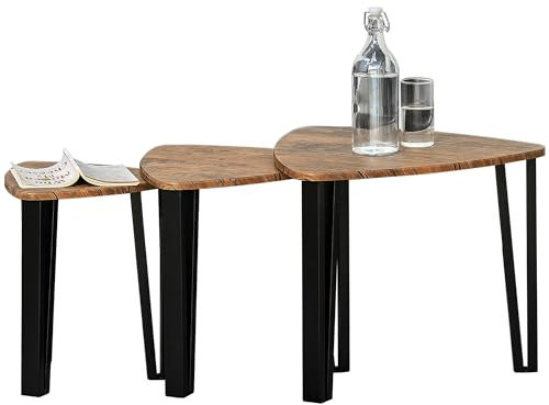 HOMCOM 3 PCs MDF Steel Nesting Table Coffee Table Set Multifunctional End Side Table Living Room Furniture Walnut Wood Grain