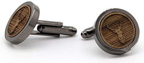 NaturSchatulle Manschettenknöpfe Herren Holz 3D Gravur Hirsch | 1 Paar Schwarz Manschettenknopf Rund Hochzeit Anzug Männer Cufflinks for Men