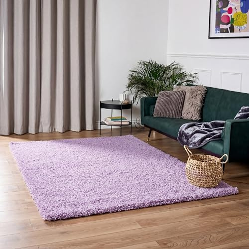 Bravich Lilac Lilac Shaggy Rug 110 x 160cm (3'7 x 5'3) 5cm Pile Large Thick Fluffy Living Room Hessian Backed Washable