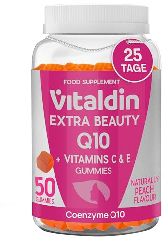 VITALDIN Coenzym Q10 Gummies 200mg - Glutenfrei - 50uds | Beauty Gummies mit Vitamin C & E; Glutenfrei; 1 Monat; Pfirsichgeschmack.