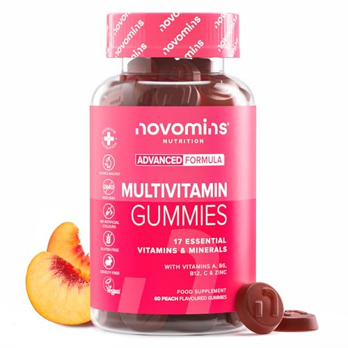 Multivitamingummies, 17 Vitaminer Och Mineraler, 60 St, Veganska, Novomins | Med vitamin C, A, E, B2, B6, B12, folsyra och zink, persikosmak, glutenfria, halal, stödjer energiomsättning och immunförsvar