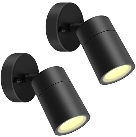 Kerry Outdoor Wall Lights, Adjustable Black Stainless Steel IP44 Waterproof Spotlight Downlight, Mains Powered Exterior Wall Sconce for Indoor, Front Door, Patio, Porch, Garden - 2 Pack (Bulb Excl.)