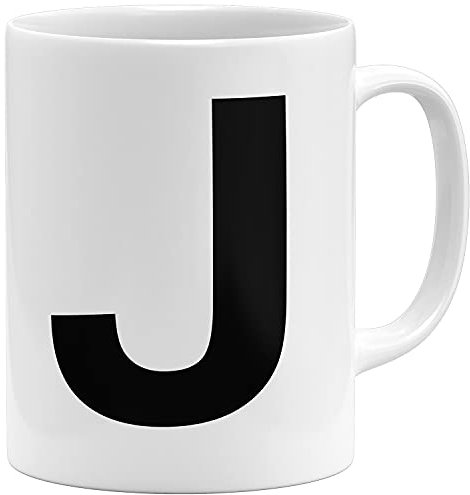 OM3® Buchstabe J | Arial Bold | Alphabet Buchstaben Tasse | Keramik Becher | 11oz 325ml | Beidseitig Bedruckt | Weiss