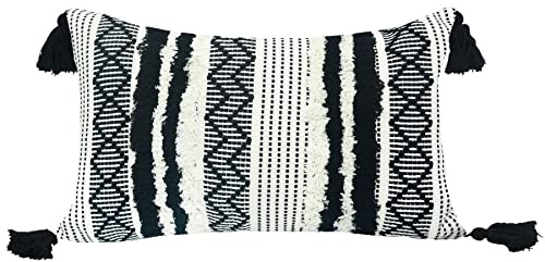 LIGICKY Boho Kissenbezug Büschelige Dekorative Kissenbezüge Getuftet Weich Kissenhülle mit Quaste Baumwolle Kissen Boho für Sofa Couch Schlafzimmer Wohnzimmer Büro Auto, 30 x 50 cm, Schwarz und Weiß