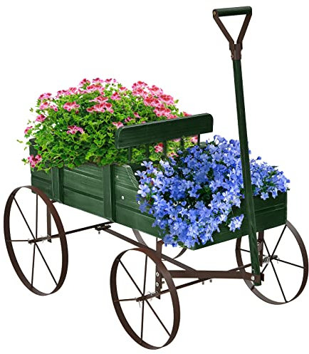 GOPLUS Blumenwagen mit Metall Räder, Blumenständer aus Holz, Holzwagen für Blumen&Pflanzen, Blumenkasten, Pflanzenständer für Garten&Terrase&Outdoor, Regal für Blumentopf (Grün)