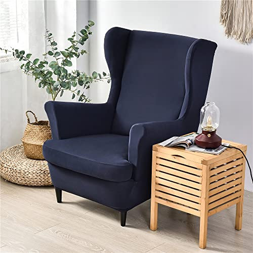 Highdi 2 Teilig Ohrensessel Überzug, Sessel-Überwürfe Ohrensessel Schonbezüge Bezug Sesselhusse Elastisch Stretch Stuhlbezug mit Armlehne Hohe Rückenlehne Universal (Navy blau,Sesselhusse)