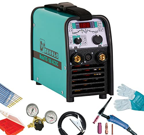 MERKLE Schweißgerät MobiTIG 180 AC/DC, WIG(TIG)-Anlage, Alu-/Stahl-/Edelstahl-Schweißen | Zubehör-Set | inkl. 4-8 Mtr. Brenner | Hochfrequenz- und LiftTIG-Zündung | TIG-Puls Funktion (8 Meter Brenner)