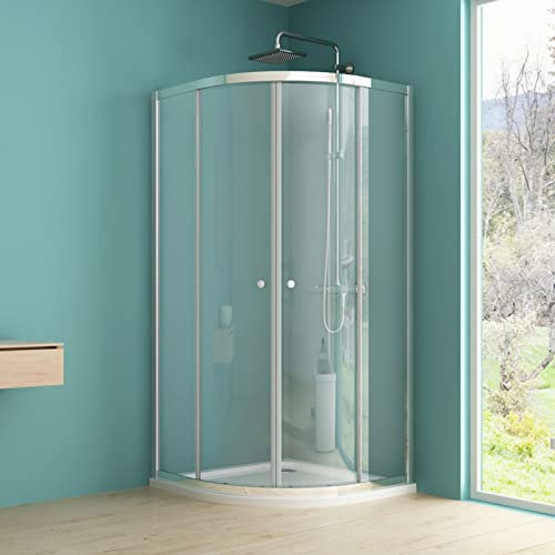IMPTS Duschkabine 90x90cm Viertelkreis Runddusche, Duschabtrennung Schiebetür Dusche mit 6mm ESG Glas, Höhe 185 cm, Duschtüren Radius 550 mm, inkl. Duschwanne & Ablaufgarnitur
