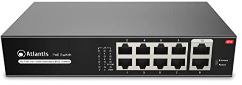 Atlantis switch 10 porte 10/100Mbps 8 porte poe sino a 120W, ogni porta sino a 30W, desktop e rack, alimetatore interno, cassa in metallo, A02-F10P8-120W, funzione VLAN e extended, sino a 250m, mode A