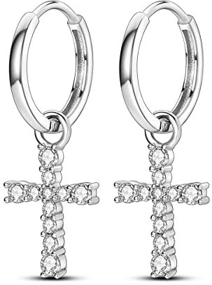 NARMO Kreuz Dangle Ohrringe 925 Sterling Silber Cubic Zirkonia Hoop Ohrringe für Frauen