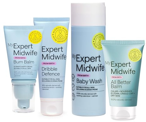 My Expert Midwife Baby Mega Mild Skincare Starter Kit (Pack of 4) | Newborn Sensitive Skincare Set, Bath & Body Wash, Dribble Defence, All Better Balm & Nappy Rash Balm, UK Made