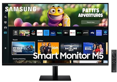 Samsung Smart Monitor Écran PC M5 32 dalle VA,UHD 4K :3840 x 2160, 3000:1, HDR10, 60 Hz, Smart Hub, Game Bar 2.0, TV Plus, Communication Vidéo, Workspace, Microsoft 365, Inclinable, HDMI, USB, Noir