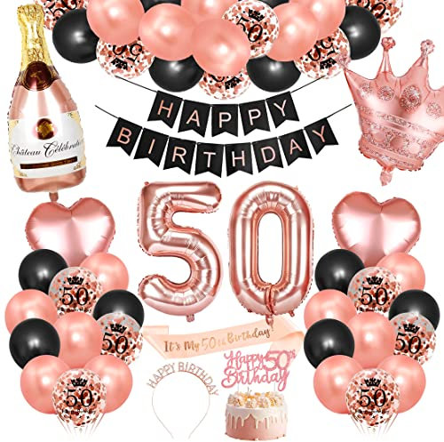 Bluelves 50. Geburtstag Dekorationen Mädchen, Rosegold Schwarz Deko zum 50 Geburtstag, 50 er geburtstag Happy Birthday Banner Girlande Konfetti luftballon,Geburtstagsdeko für mädchen