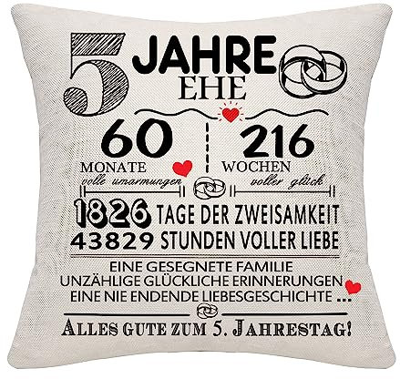 Bommex 5 Jahre Ehe Geschenk 5. Hochzeitstag Kissen Abdeckung Keepsake Dekoration Geschenk für Paare Eltern Frauen Männer Mama Papa Ehemann Frau Oma Opa Tante Onkel Freunde (5. Jahrestag)