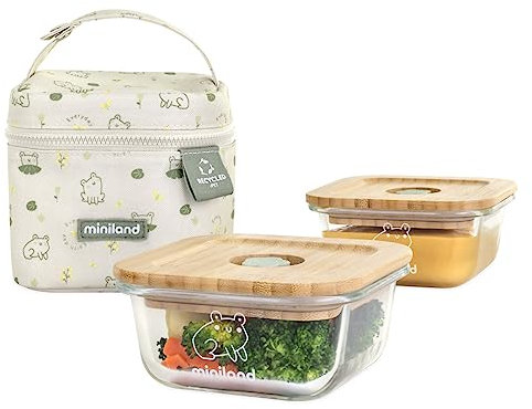 Miniland Pack 2 Go Ecosquare Frog FSC. Set de dos herméticos de vidrio en funda de textil reciclado.