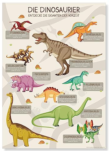 PuK Krämmer GmbH Poster „Dinosaurier“ DIN A4 | Dino Poster für Kinder | Kinderzimmer Deko Bilder Poster | Lernposter Dinosaurier | Geschenk Kinder Geburtstag Einschulung | für Dino-Fans (DIN A4)