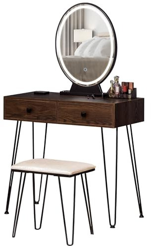 HOMCOM Moderner Schminktisch, integrierter und Verstellbarer LED-Spiegel, inkl. Hocker, Schwarze Metallbeine, 2 Schubladen + 1 Ablagefach, Holzoptik, Dunkles Walnussholz