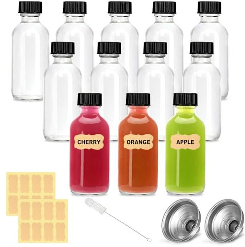 Kiswleon 12-Pack 2oz/60ml Glass Shot Bottles with Lids,Small Ginger Bottle with Funnels Labels,Small Glass Bottles with Lids for Ginger Shots Juice Alcohol Oil Sauces