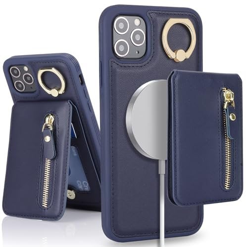 SailorTech iPhone 12 Pro Max Phone Leather Case with Credit Card Holder Magsafe, iPhone 12 Pro Max Case Ring Stand with Kickstand Card Slots Wallet Detachable 2-in-1 Zipper Case - Navy Blue