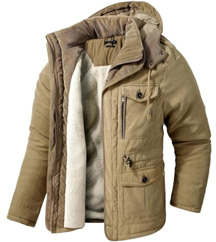Adhdyuud Herren Outdoor-Kapuzenjacke, dicker Fleece-Mantel, Winter, warm, dick, Militär-Cargojacke, Parka, khaki, M