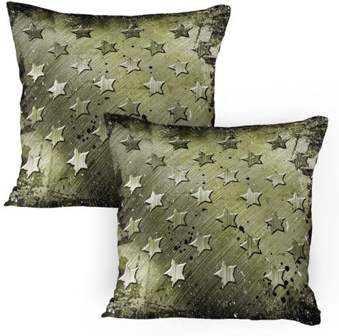 ABAKUHAUS Grunge Kissenbezug Packung mit 2, Militär Grunge Mit Carving Art Style Star Muster Marine Army Thema Industrial Druck, Dekorativer Standard Gedruckter Kissenbezug, 80 x 80 cm, Olivengrün
