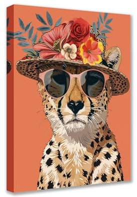 Cheetah Wear Shades and Flowers Straw Hat 1P Canvas Room Wall Creative Pictures Cute Animal Poster Prints Funny Artwork Home Decor for Living Room Framed Gallery-Wrapped Ready to Hang 12x16inch
