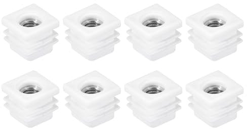 sourcing map Square Tubes, 8Pcs 20 x 20mm - PP Chair Cover with M8 Thread, Threaded Insert for Furniture Feet, Adjustable Leg Plug Chair Pipe End Caps (White)