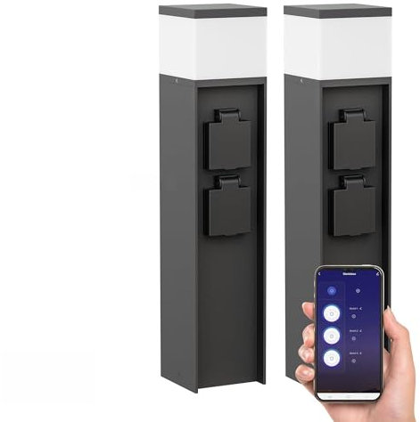 ledscom.de 2 Stück Pollerleuchte PODEL für außen, Smart Home, 39cm, schwarz, 2 Steckdosen, inkl. G9 Leuchtmittel, 501lm, warmweiß