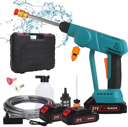 Limpiador de Alta Presión Inalámbrico, 21V Limpiador de Alta Presión Móvil con 2 Baterías Cargador de Manguera de 5 m Portátil para Coche, Terraza, Ventana, Césped, Piscina