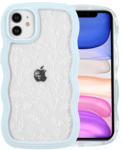 QLTYPRI for iPhone 11 Case, Cute Curly Wave Frame Clear Case for Girls Women, Flower Clear TPU Bumper Slim Soft Silicone Shockproof Protective Phone Cover for iPhone 11 - White Floral/Light Blue