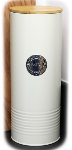 Darthome Cream Pasta Storage Canister 28.5cm Metal Tall Neutral Country Kitchen Lidded Food Jar