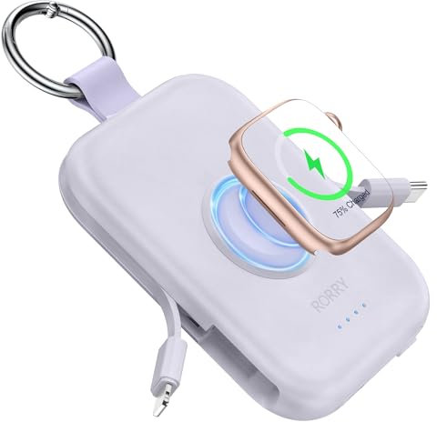 RORRY Batería externa de 5000 mAh para teléfono móvil con cables integrados, llavero Powerbank compatible con iPhone 16/15/14/13/12 y para Apple Watch 9/Ultra 2/8/Ultra/7/6/Se/5/4, color morado