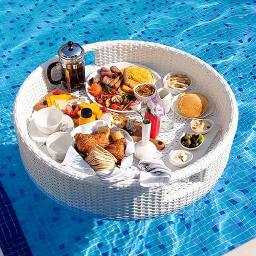 Vassoio galleggiante per piscina, vassoio da portata galleggiante, galleggiante per piscina, per adulti, grande portabevande galleggiante in rattan, vassoio galleggiante per brunch, bianco, 60 cm