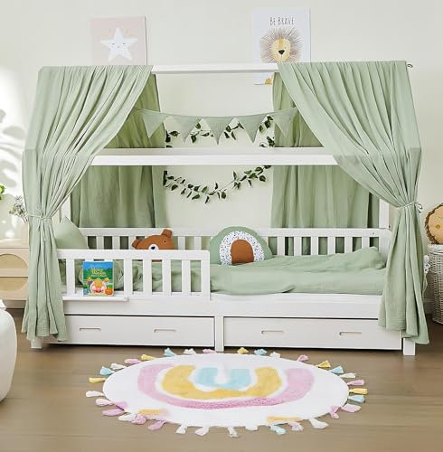 ALAVYA HOME® Hausbett 90x200 cm Cloud mit Schublade, Matratze und 3-TLG DEKO Set Khaki, inkl. Buchablage Rausfallschutz und Lattenrost, FSC zertifizierter I Kinderbett 90x200 für Mädchen und Jungen