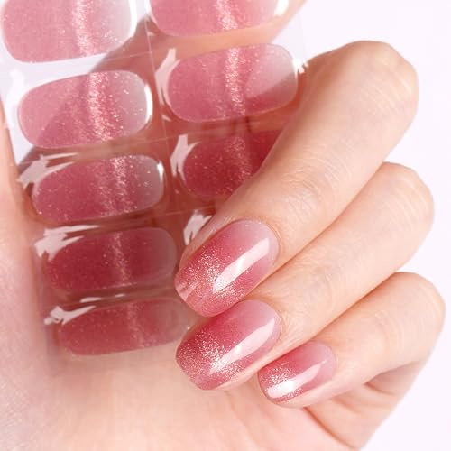 DANNI & TONI 28Pcs Semi Cured Gel Nail Strips,Pink Ombre Cat Eye Soft Self-Adhesive Gel Nail Stickers(Peachy Gleam),UV/LED Lamp Required Salon-Quality Gel Nail Polish Strips Manicure Stickers Set