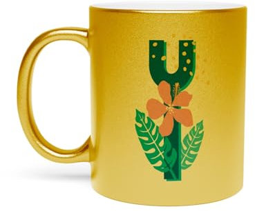 Fabulous Golden Chrome Ceramic Mug - Y Yvonne Yseult Letter Name Exotic Tropical Flowers - 11oz